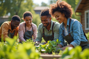 Groupe de bénévoles dans un jardin communautaire ensoleille