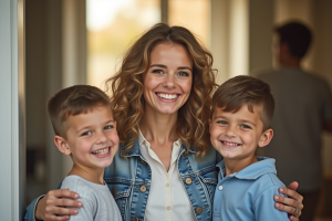 Jeune femme accueillant enfants devant maison lumineuse