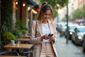 Jeune femme en blazer pastel dans un café urbain