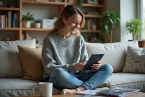 Jeune femme souriante dans un salon moderne avec tablette