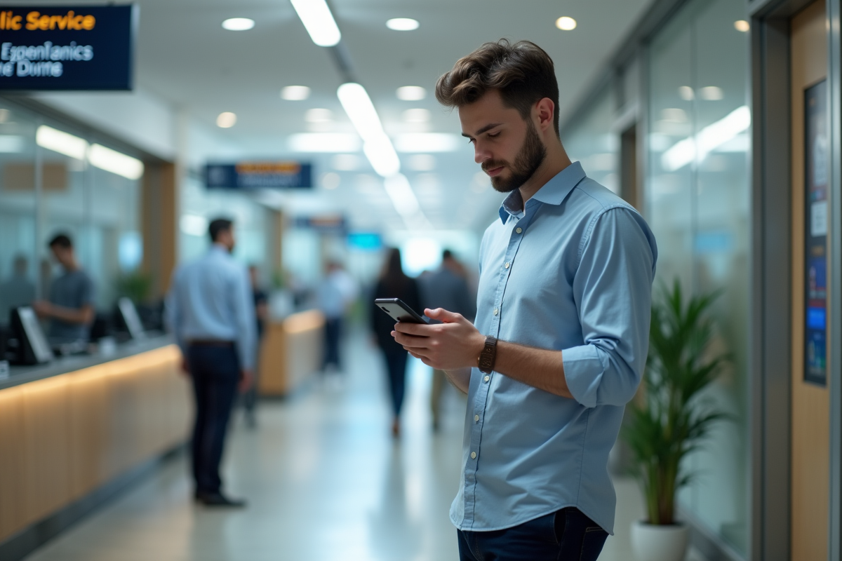 Jeune homme vérifiant son smartphone dans un hall municipal