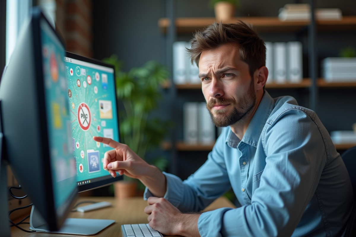 Jeune homme au bureau avec expression perplexe devant l