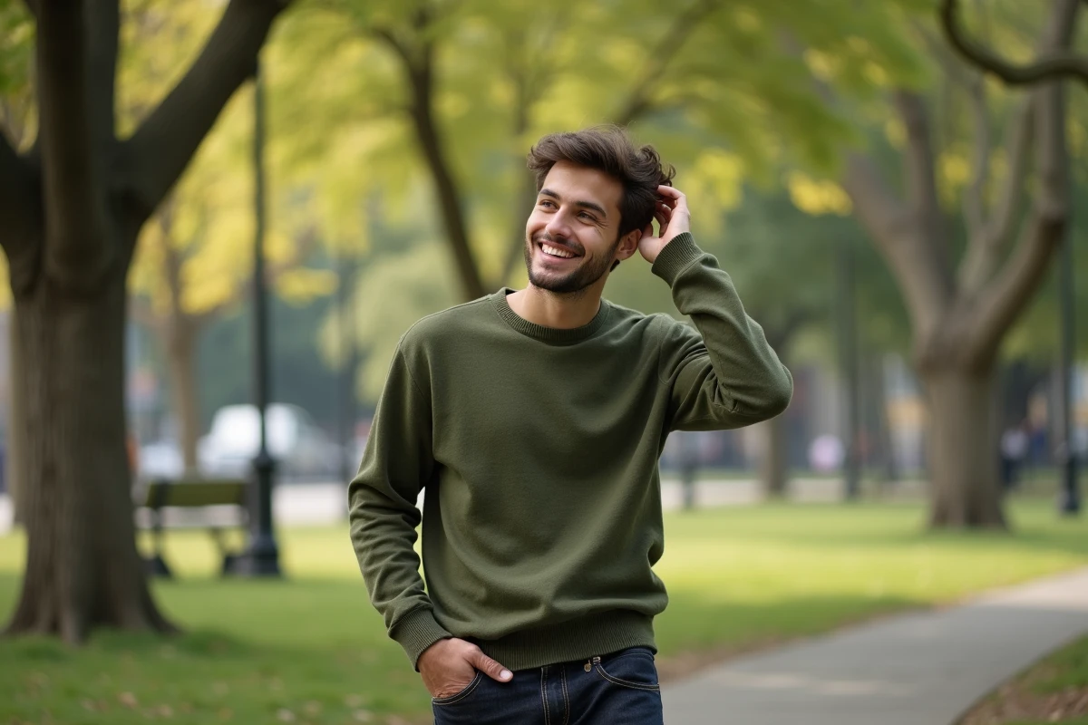 Jeune homme souriant dans un parc urbain en automne
