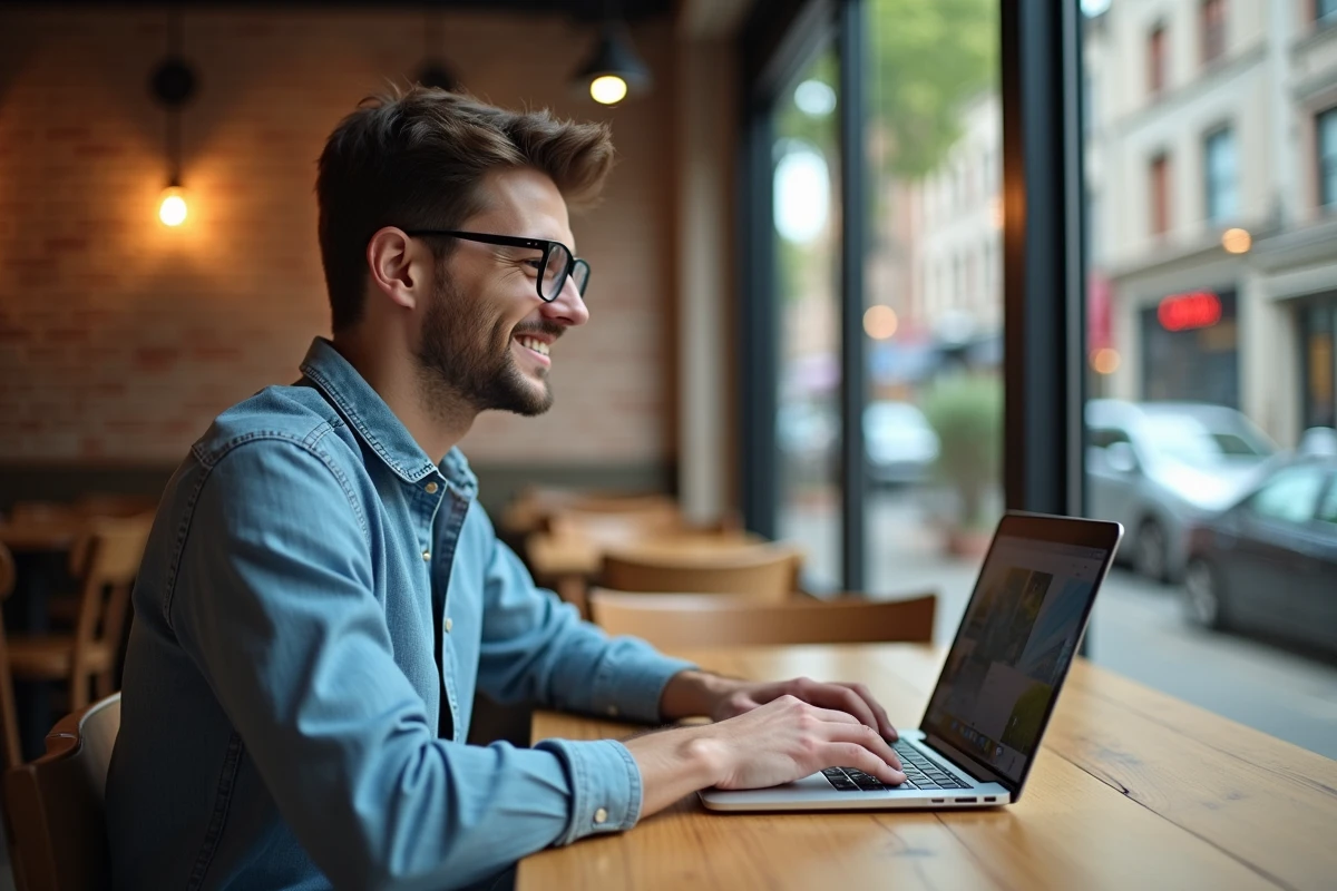 Jeune homme souriant travaillant sur son ordinateur au café
