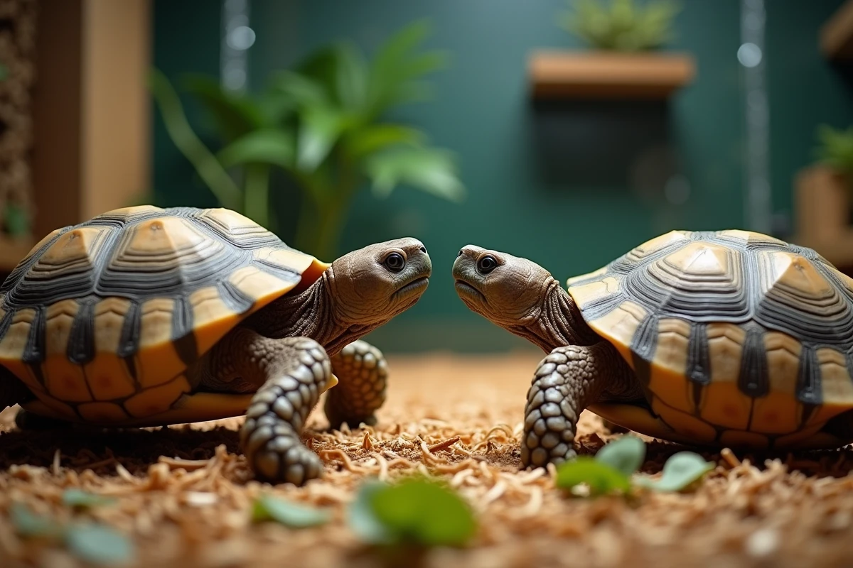 Tortue juvénile sapprochant dun autre dans habitat intérieur