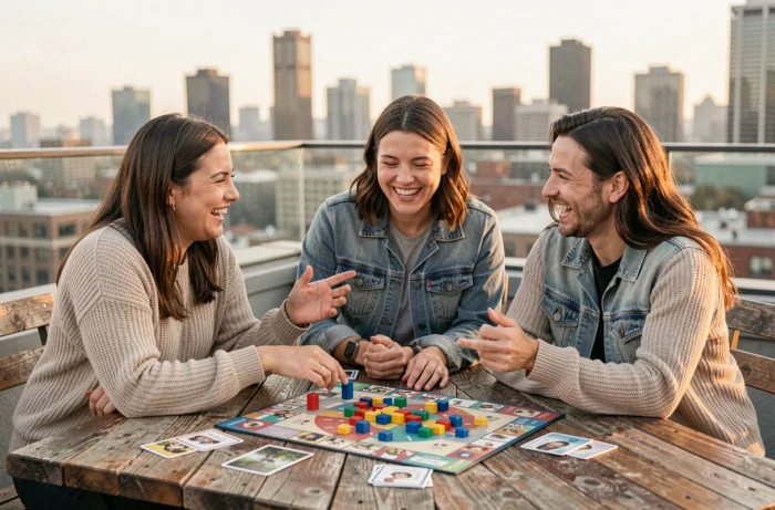 Groupe d'amis jouant à un jeu de société tendance en terrasse urbaine, loisirs conviviaux et activités sociales à la mode