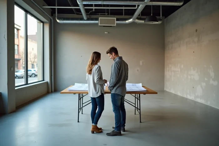 Couple d'entrepreneurs inspectant un local vide pour l'aménagement d'une micro-crèche, avec plans d'architecte