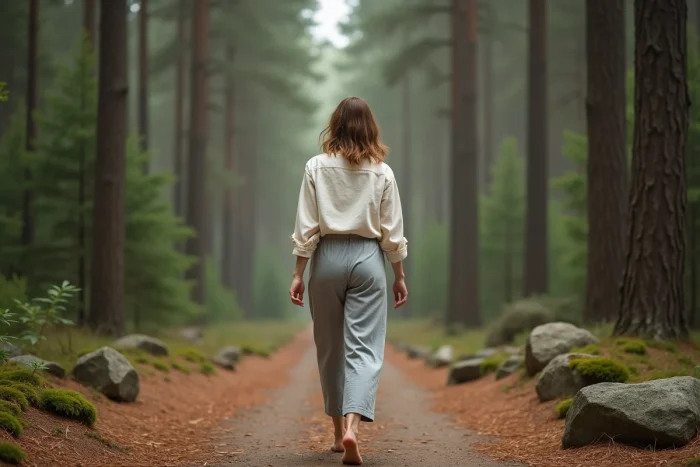 Femme marchant pieds nus sur un sentier forestier paisible entouré de pins pour se ressourcer naturellement au quotidien