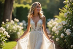 Mariée souriante en robe de mariée en dentelle 2024