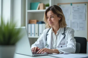 Médecin femme en bureau moderne avec ordinateur et dossiers