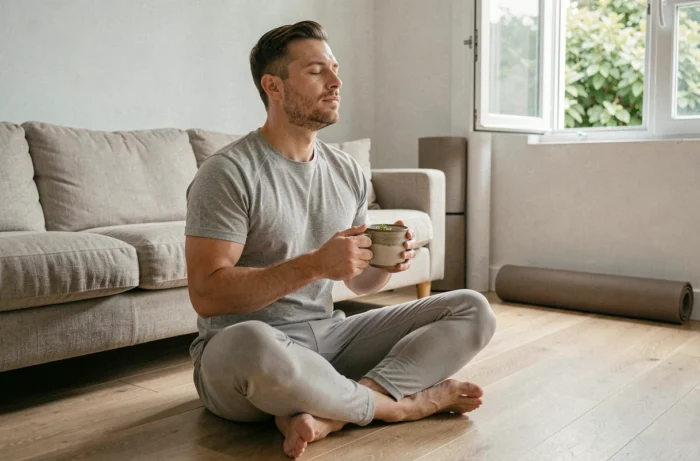 Homme en méditation tenant une tasse de tisane dans un salon épuré, bien-être et pleine conscience au quotidien
