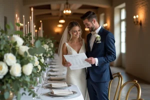 Couple de mariés organisant le plan de table lors de la décoration de leur salle de réception pour un mariage élégant