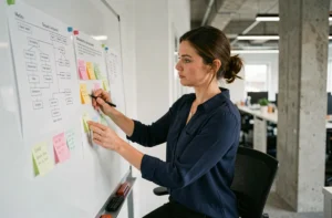 Femme professionnelle organisant un plan de site web sur un tableau blanc dans un bureau moderne