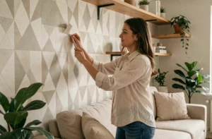 Femme appliquant du papier peint géométrique autocollant sur un mur de salon pour personnaliser son intérieur facilement