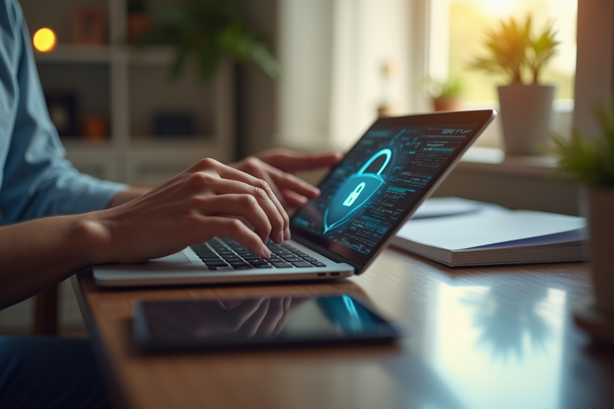 Personne protégeant fichiers personnels sur une tablette à la maison