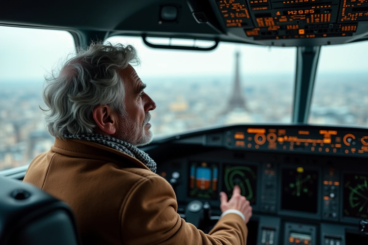 Homme regardant la ville de Paris depuis le cockpit