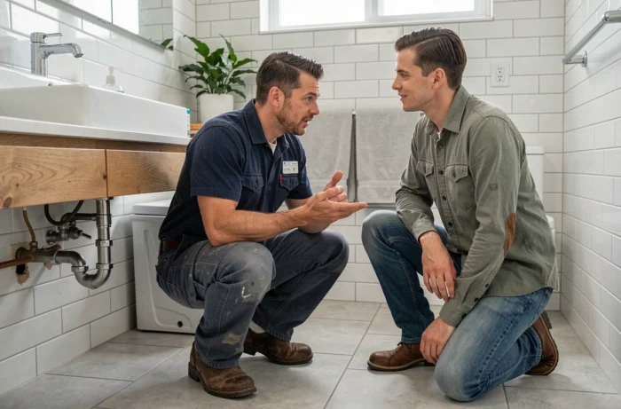 Un plombier professionnel explique une réparation à un propriétaire sous un lavabo, illustrant comment contacter un expert pour des travaux à domicile