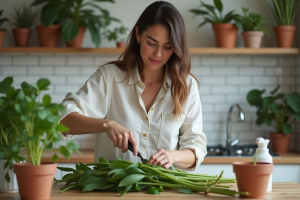 Femme préparant des plantes d'intérieur à la maison