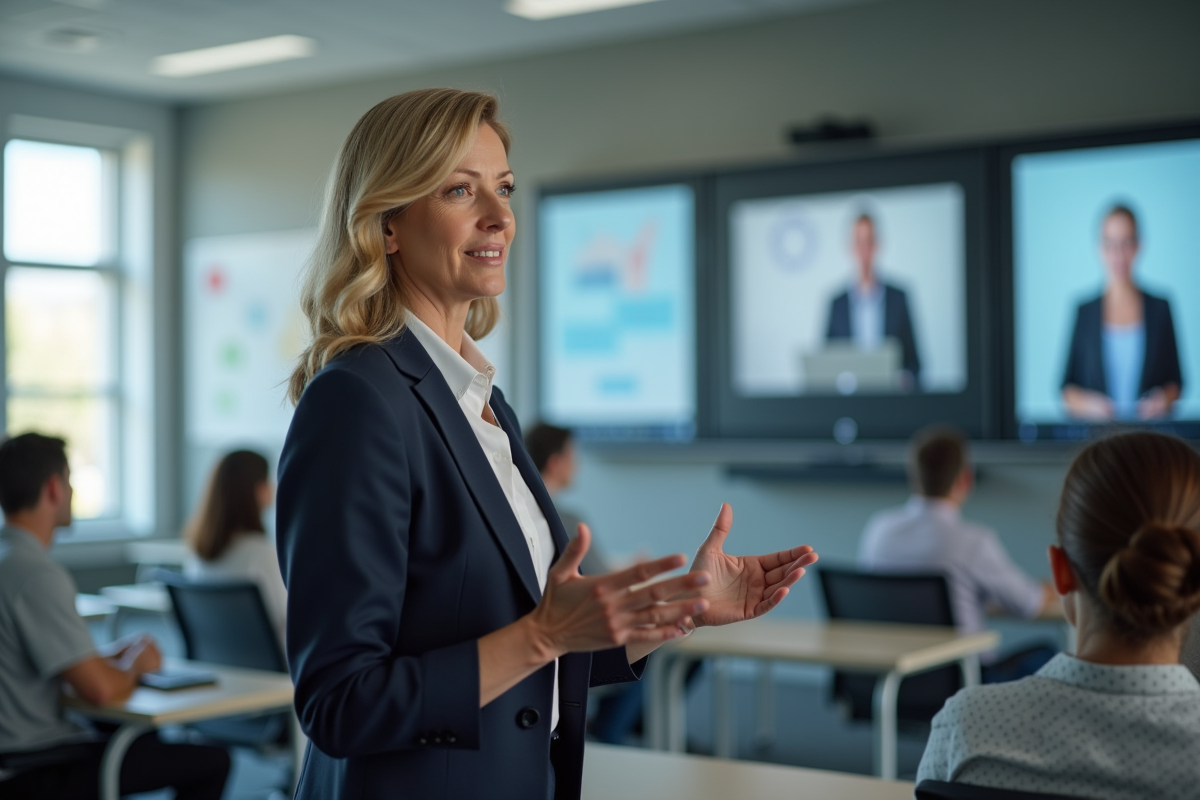 Professeure en classe hybride avec étudiants en ligne