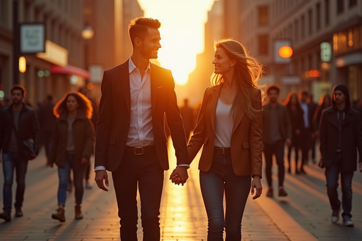 Couple de célébrités marchant main dans la main au coucher du soleil
