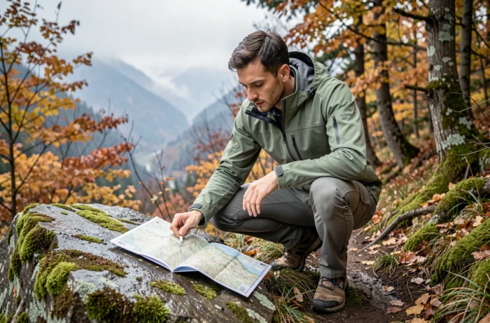 Homme consultant une carte de randonnée en forêt automnale, tendance outdoor et activités plein air à découvrir