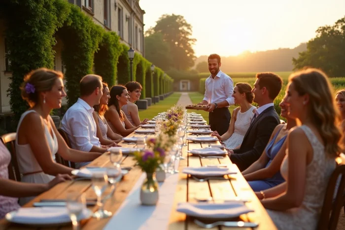 Réception de mariage en plein air sur une terrasse de château avec tables décorées et invités élégants en Provence