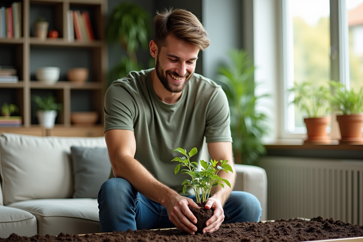 Jeune homme replantant des plantes dans un salon moderne