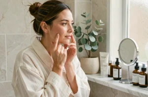 Femme appliquant un sérum visage dans une salle de bain minimaliste en marbre, tendances beauté naturelle et soins quotidiens