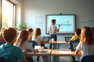 Salle de classe moderne avec élèves utilisant ordinateurs et tablettes