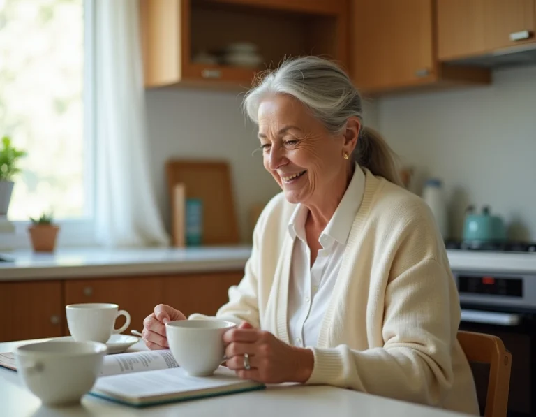 Senior femme en bonne santé lisant un journal de santé dans sa cuisine avec une tasse de tisane