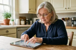 Une femme senior aux cheveux argentés utilisant une tablette numérique dans sa cuisine, représentant l'accompagnement des personnes âgées dans l'usage du numérique au quotidien
