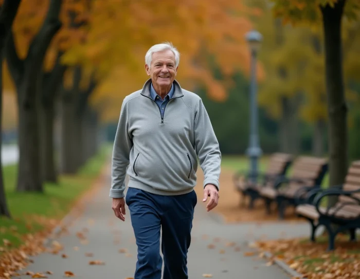 Homme senior faisant une promenade matinale dans un parc en automne pour prendre soin de sa santé