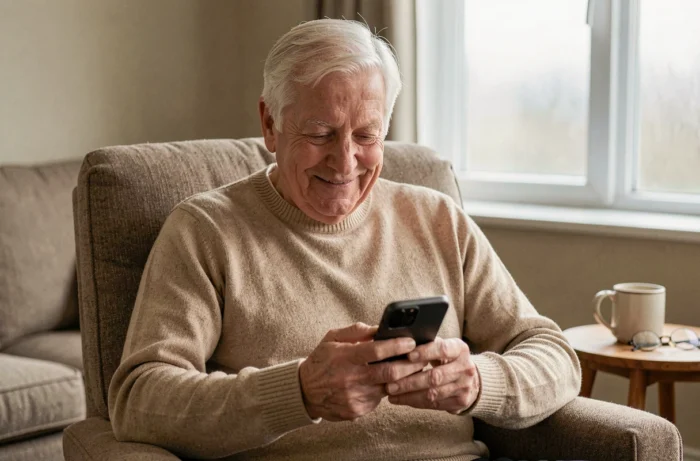 Un homme âgé souriant utilise un smartphone seul dans son salon, symbolisant l'autonomie numérique des seniors au quotidien