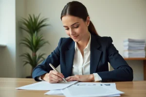 Femme professionnelle signant un contrat de bail commercial pour ouvrir une micro-crèche dans un bureau moderne
