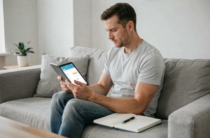 Jeune homme simulant un crédit immobilier sur une tablette dans un appartement minimaliste