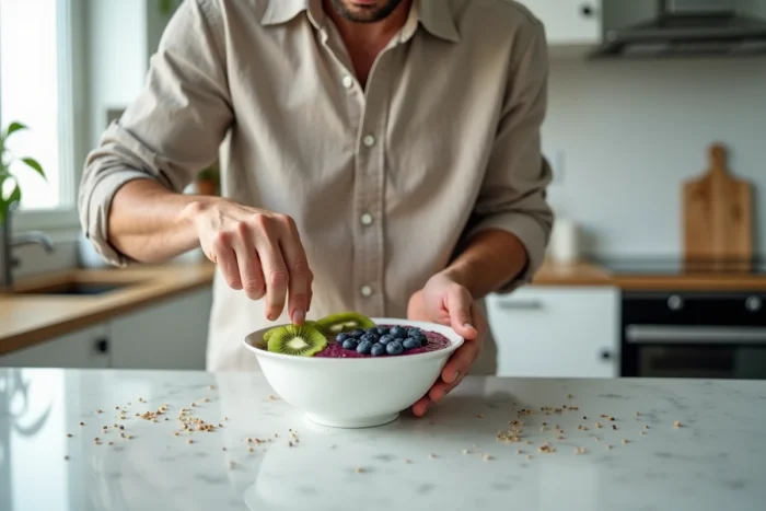 Homme préparant un bol de smoothie sain avec des fruits frais dans une cuisine moderne pour un mode de vie équilibré et naturel
