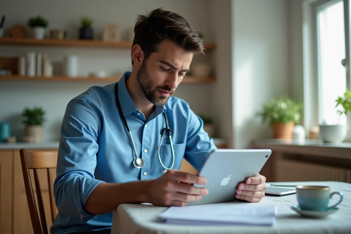 Jeune homme soignant utilisant une tablette à la maison