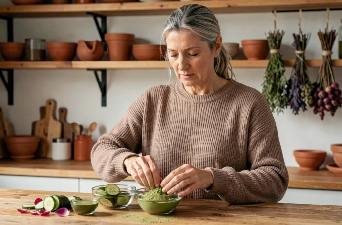 Femme préparant des ingrédients naturels pour soins beauté maison dans une cuisine chaleureuse, tendances bien-être et beauté DIY