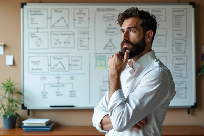 Consultant en stratégie éthique devant un tableau blanc avec des schémas organisationnels dans une salle de travail professionnelle
