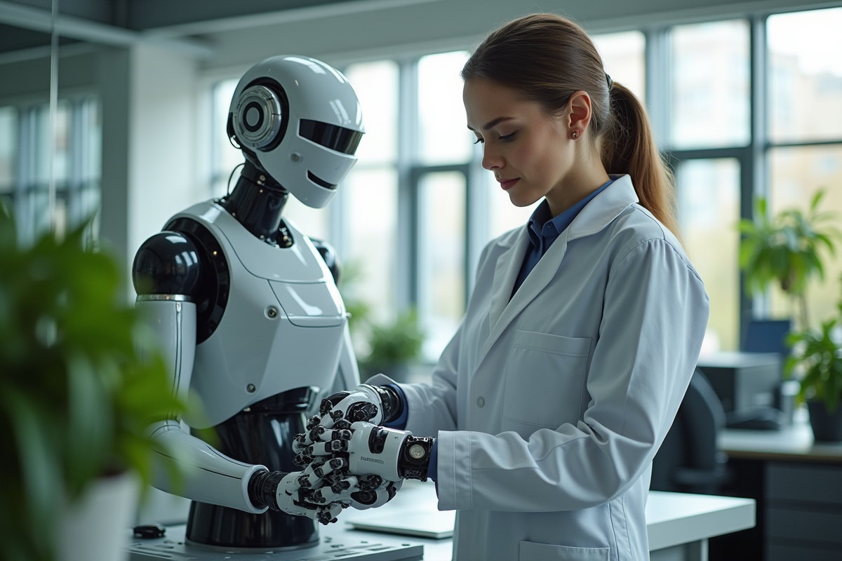 Technicienne ajustant un bras robotique dans un laboratoire futuriste