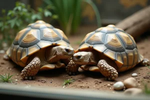 Deux tortues hermanns dans un terrarium extérieur naturel