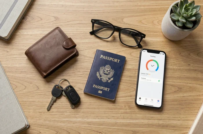 Vue de dessus d'objets du quotidien équipés de traceurs Bluetooth RabbitFinder pour éviter les pertes