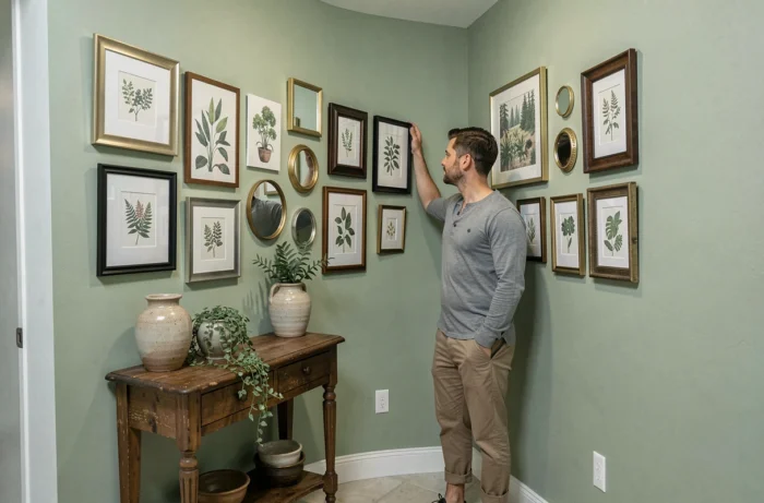 Homme arrangeant un mur galerie de cadres décoratifs dans un couloir d'appartement pour transformer sa décoration intérieure