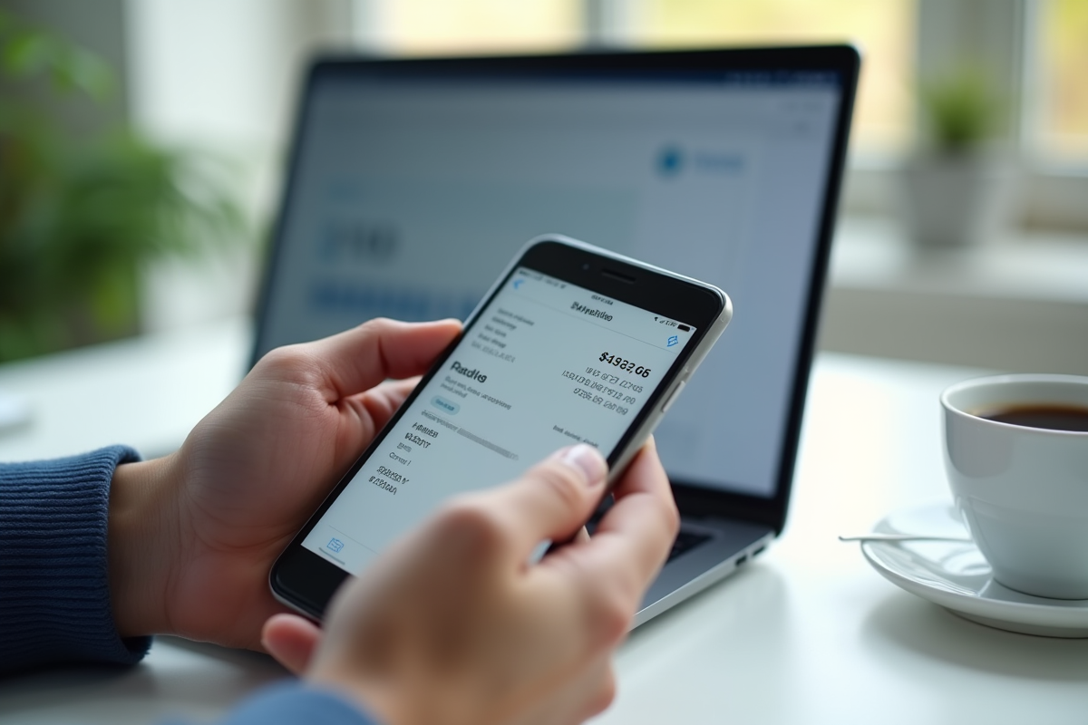 Mains utilisant un smartphone pour consulter une fiche de paie digitale