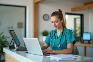 Vétérinaire femme en blouse teal à la clinique