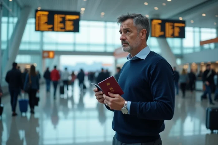 Voyageur tenant sa carte Mastercard et son passeport dans un aéroport face à une annulation de vol