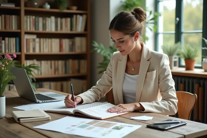 Wedding planner professionnelle planifiant les détails d'un mariage avec des échantillons de tissu et un planning détaillé